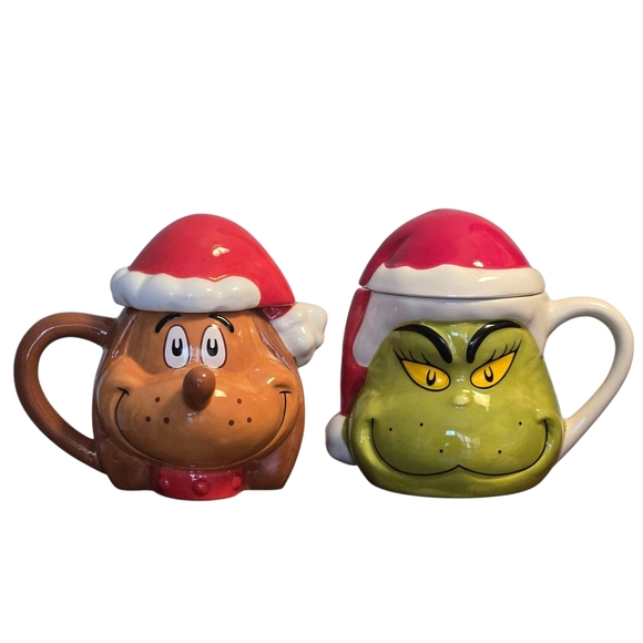 Grinch & Max Ceramic Holiday Mugs w/ Santa Hat Lids – 23 oz – Dr. Seuss Set of 2 - Picture 1 of 16